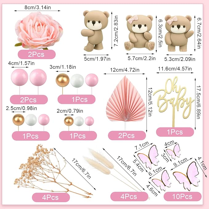 Yinder Bear Cake Toppers Mini Bear Cake Decorations Cake Toppers Gold White Pearl Ball for Birthday Party Decorations(Pink, Brown,Boho Style)