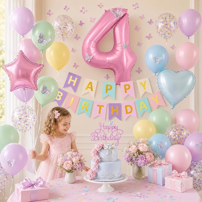 4th Pastel Birthday Party Decorations for Girls Number 4 Balloon Happy Birthday Banner Butterfly Stickers Star Heart Foil Balloons for 4 Year Old Easter Party Decor