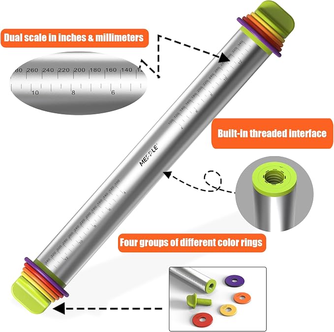 Stainless Steel Rolling Pin with Thickness Rings and Pastry Baking Mat, 13.6" Adjustable Rolling Pin Dough Roller for Baking Cookie Pizza, Comes with Large Silicone Pastry Mat and Wooden Stand