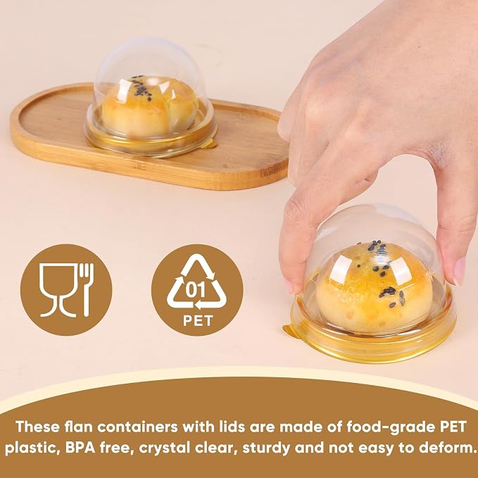 50 Pcs Mini Cake Containers with Clear Dome Lids, Clear Plastic Small Desserts Cupcake Boxes for Individual Chocolate Covered Cookies, Strawberry, Mooncake，Cheesecake, Cocoa Bomb (Gold)