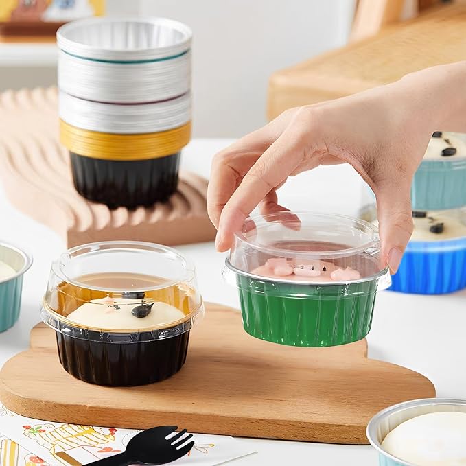 50Pcs Mini Aluminum Foil Cupcake,5oz Baking Cups with Lids,Mini Cake Pans Disposable,Loaf Pans with Lids,Disposable Ramekins,Tin Cups Containers for Cupcake,Pudding,Muffin,Cheesecake (Light Blue)