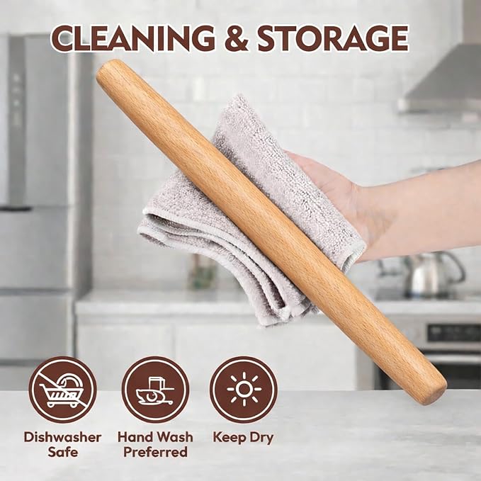 17.1 Inch French Rolling Pin – Smooth One-Piece Wooden Dough Roller for Baking, Cookies, Pizza Dough & Pastry