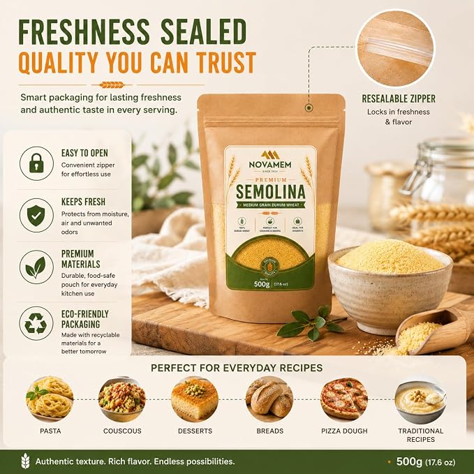Premium Semolina Flour, Authentic Turkish Durum Wheat for Pasta, Couscous, Baking & Traditional Desserts, Freshness-Sealed Pouch, 500g (17.6 oz)
