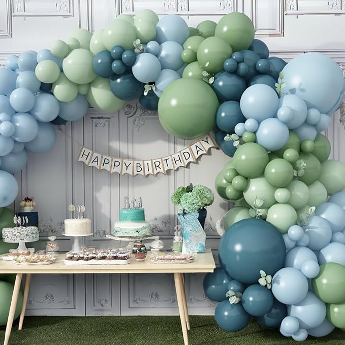 Blue and Green Balloon Arch Kit 107Pcs Dusty Blue Sage Green Balloons Garland Retro Slate Haze Fog Pale Gray Birthday Party Balloons for Boys Rustic Navy Woodland Jungle Baby Shower Decorations