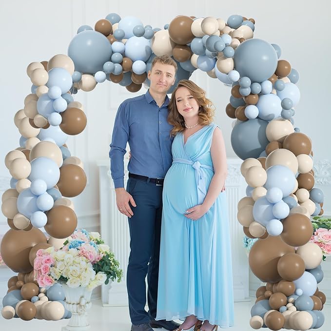 Premium 136pcs Dusty Blue & Brown Balloon Arch Kit – 18/12/10/5 Inch Neutral Sand White Balloons for Bear Baby Shower, Woodland Gender Reveal, Boho Wedding Party Decor