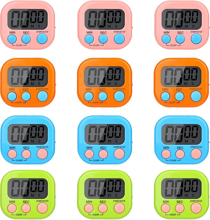 Mwellewm Digital Timers for Classroom Kitchen Timers for Cooking Small Magnetic Stopwatch Mini Countdown Loud Alarm Stop for Study Work Baking Sports Games Office(Pink, Blue, Green, Orange, 12Pcs)