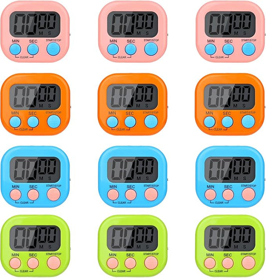 Mwellewm Digital Timers for Classroom Kitchen Timers for Cooking Small Magnetic Stopwatch Mini Countdown Loud Alarm Stop for Study Work Baking Sports Games Office(Pink, Blue, Green, Orange, 12Pcs)