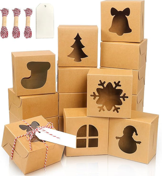 BEAVOING 36 PCS Brown Bakery Boxes with Window, 4"x 4"x 2.5" Christmas Cookie Boxes Small Christmas Treat Boxes Holiday Xmas Cake Box for Christmas Cupcakes, Cookies, Donuts Gift-Giving, Pastries and Small Cakes