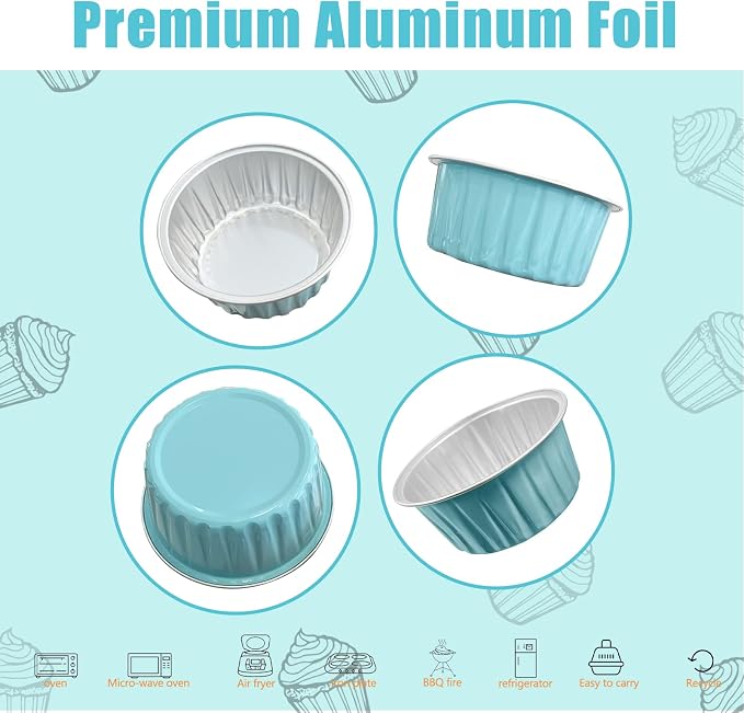 100Pcs Aluminum Cups with Lids,5oz Disposable Ramekin Baking Cups Muffin Liners Mini Pie Pans Foil Cupcake Containers for Christmas Party Wedding,Blue