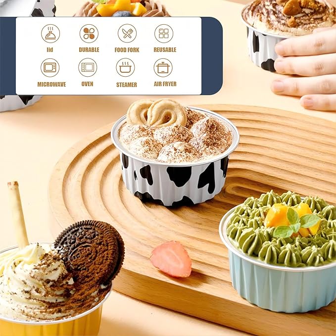 25PCS Round Mini Loaf Pans with Lids,Mini Cake Pans with Lids,Disposable Ramekins Baking Cups Muffin Tins Cupcake Cups for Birthday Party Wedding,5oz (Pink)