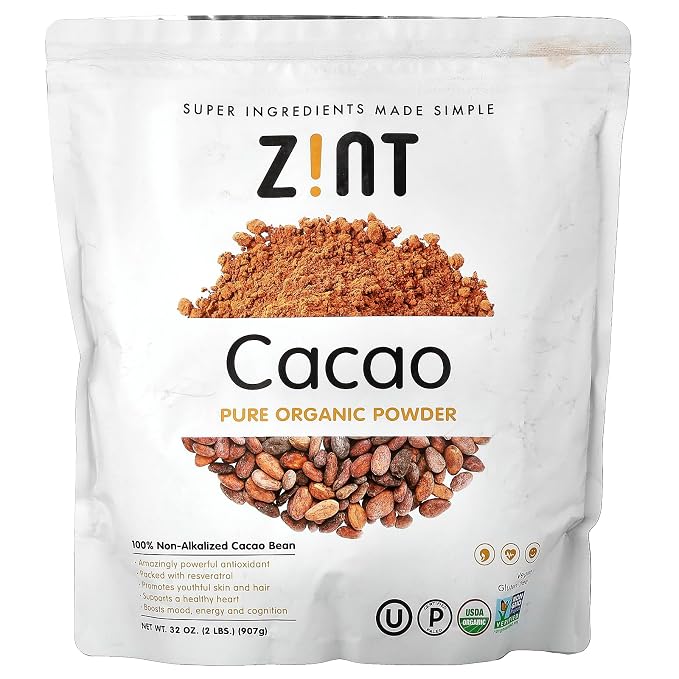 Zint Organic Cacao Powder, Organic, Non GMO, Anti Aging Antioxidant Superfood, Gluten Free Cocoa Cacao Beans, Pure Delicious Chocolate Essence, (32 oz)