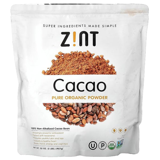 Zint Organic Cacao Powder, Organic, Non GMO, Anti Aging Antioxidant Superfood, Gluten Free Cocoa Cacao Beans, Pure Delicious Chocolate Essence, (32 oz)