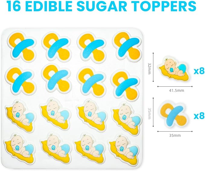 Blue Edible Baby Cake Decorations, Gender Reveal Cupcake Topper Edible, Boy Baby Shower Candy Cookies Chocolates Baking Decor, 16 pcs