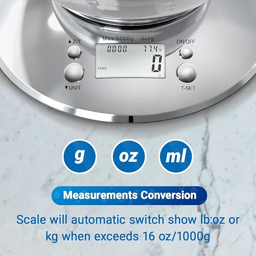 GRAM PRES Kitchen Food Scale Digital Weight Grams and Oz，Professional Stainless Steel Digital Kitchen Food Scale 11lb/0.1oz with Bowl for Weight Loss Dieting Baking Cooking