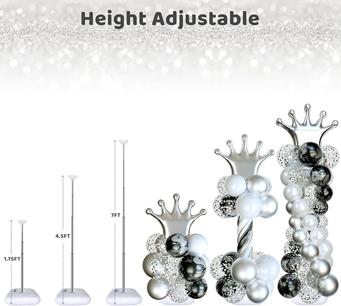 SINBEE Balloon Arch Stand, Balloon Arch Kit of 2, 7 Feet Height Adjustable Metal Balloon Column Stand for Party Decorations Wedding Birthday, Graduation Party Decoration, Baby Shower, Silver