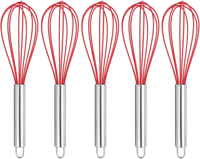 HARFINGTON 5Pcs Silicone Whisk 10" Kitchen Whisk Wire Whisks Beater with Stainless Steel Handle for Egg Milk Whisking Blending Beating & Stirring, Red