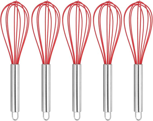 HARFINGTON 5Pcs Silicone Whisk 10" Kitchen Whisk Wire Whisks Beater with Stainless Steel Handle for Egg Milk Whisking Blending Beating & Stirring, Red