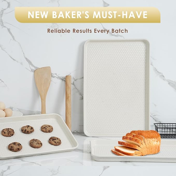 Baking Sheet Pan Set of 3, Nonstick Carbon Steel Cookie Sheets with Texture | Commercial Half/Quarter/Jelly Roll Pans Replacement Toaster Oven Tray, Heavy Duty & Easy Clean, White