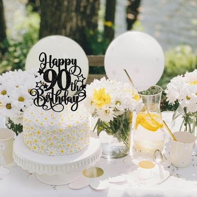 1 PCS Happy 90th Birthday Cake Topper Glitter Cheers to 90 Years Birthday Cake Pick Hello 90 Fabulous Cake Decoration for Happy 90th Birthday Anniversary Party Decorations Supplies Black