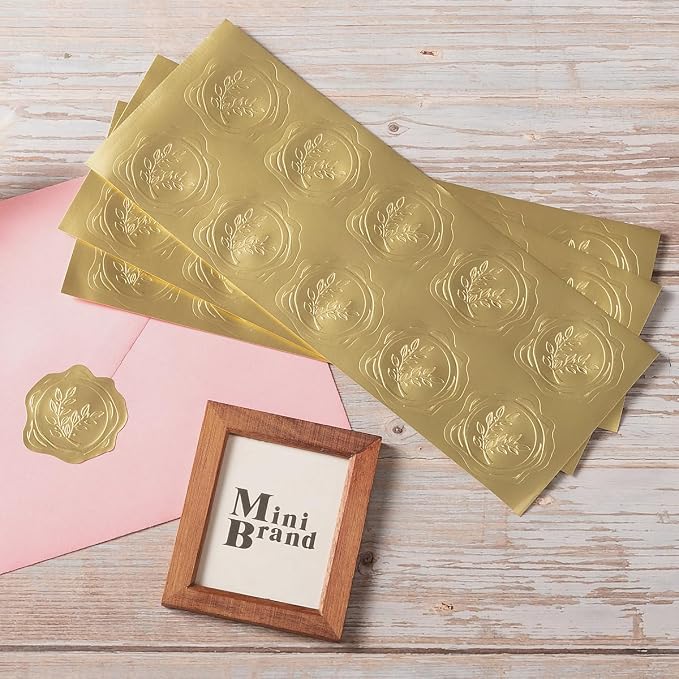 300 Pieces Embossed Gold Foil Stickers, Gold Olive Branch | For Envelopes, Wedding Invitations, Christmas Greeting Cards
