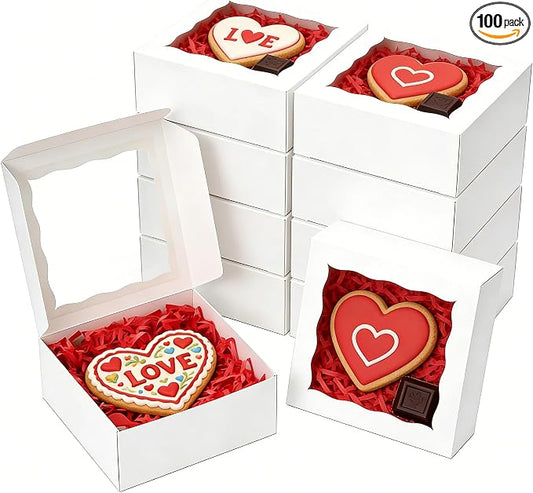 XINHPKGG 100pcs Cookie Boxes 4x4x2 Inch Bakery Boxes with Window Dessert Treat Box Chocolate Covered Strawberries Box for Wedding Party Birthday