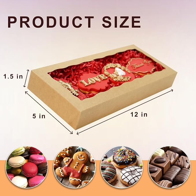 20pcs Cookie Boxes 12 x 5 x 1.5 Inch Bakery Boxes with window Chocolate Covered Strawberries Box for Christmas Valentine's Mother's Day- Brown