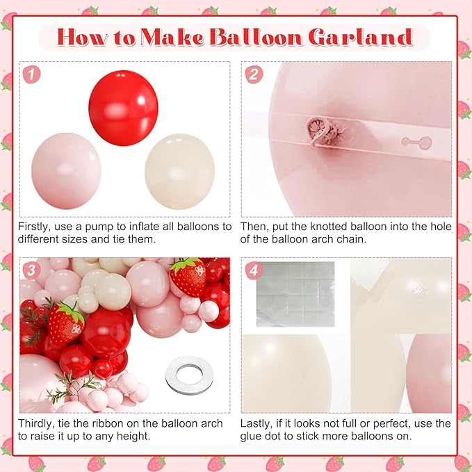 Strawberry Balloons Arch Garland Kit, 124Pcs Red and Pink Balloons with Strawberry Card for Sweet One Berry First Birthday Baby Shower Decorations