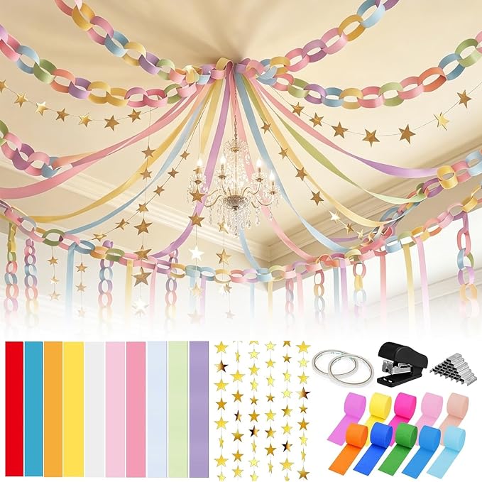 1000 Sheet Paper Chain Garland Strips Set with 10 Rolls Crepe Paper Streamers & 52.8ft Gold Star Garland,DIY Construction Paper Chain Kit for Birthday, Wedding, Classroom, Party Decorations (Macaron)