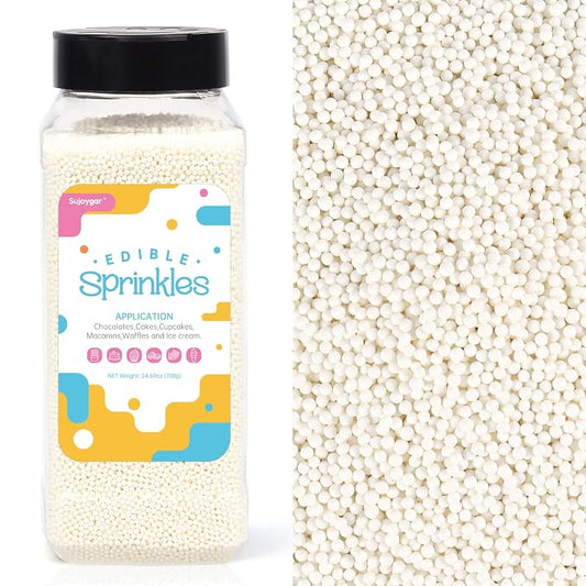 White Nonpareils Sprinkles, Food Grade 1.54 LB Bulk, Sujoygar, White Sprinkles for Cake Decorating, Cupcake, Ice cream, Chocolate