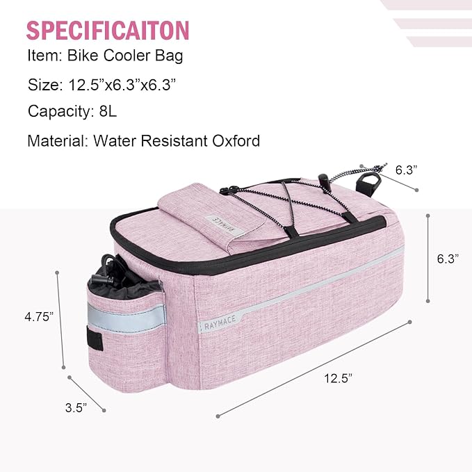 RAYMACE Bike Rear Rack Bag, Bike Trunk Cooler Bag, Bicycle Pannier for Warm or Cold Items (Pink)