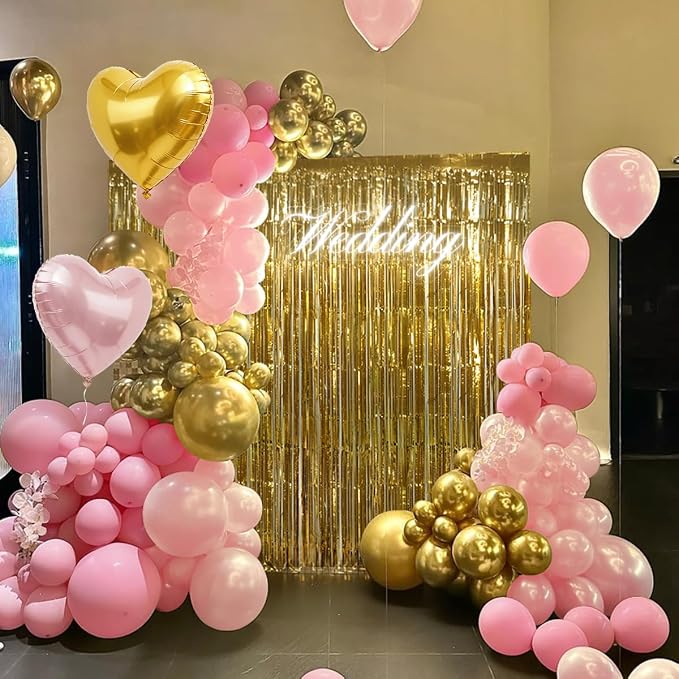 157PCS Pink and Gold Balloons Garland Arch Kit with Gold Fringe Curtain for Woman Girl Princess Engagement Bridal Shower Wedding Baby Shower Birthday Party Decorations