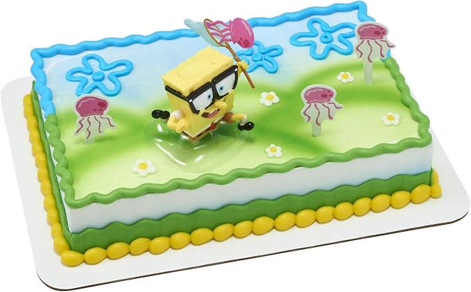 DecoPac SpongeBob SquarePants Cake Topper, Interactive 5 Piece Jellyfish Fields DecoSet Cake Decoration For Birthday & Celebrations, Food Safe, Durable