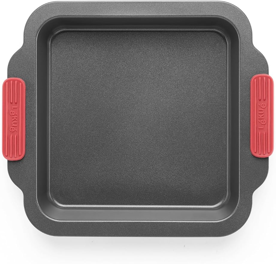 Lékué Non-Stick Square Cake Mold - Carbon Steel Oven Baking Pan with Platinum Silicone Handles, Dual Non-Stick Ceramic Coating, Even Heating, Scratch Resistant, PFOA & PFA-Free, 12.2 x 10.5 x 2"