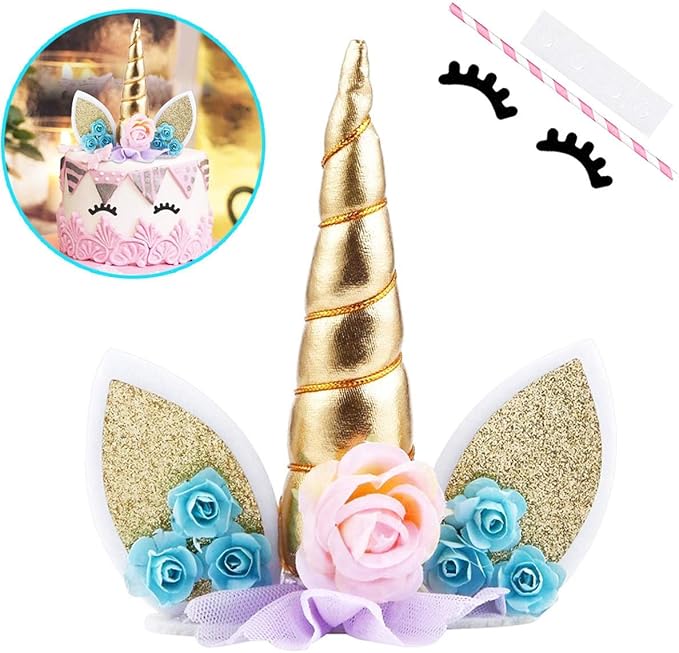 Zkptops Unicorn Cake Topper Birthday Party Supplies Unicorn Birthday Decorations Gold Horn Cake Topper Accessory with Eyelashes Cute Handmade Reusable Cake Toppers for Girls Kids Women 5.8 Inch