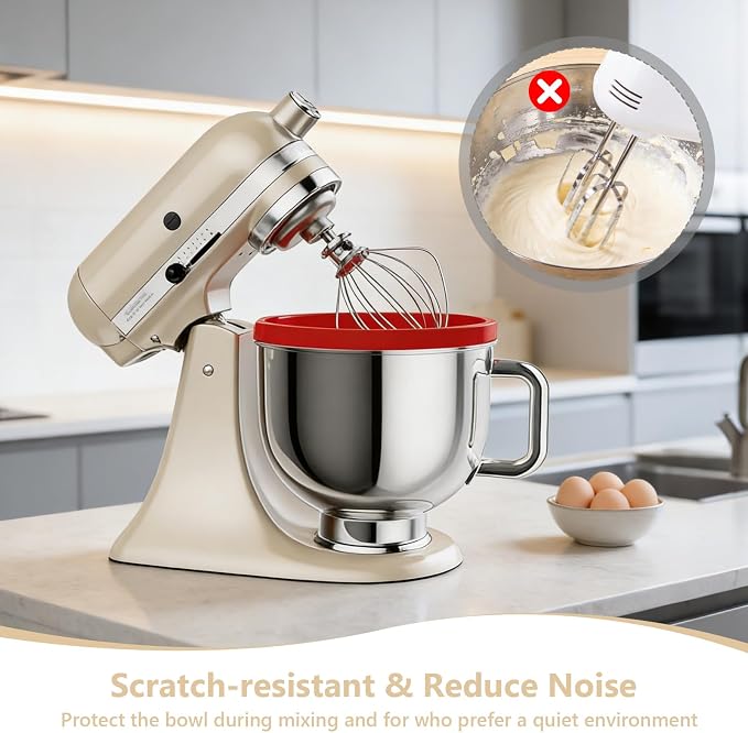 Silicone Mixing Bowl Liners Compatible with KitchenAid 5Qt Tilt-Head Stand Mixer, Food Grade Collapsible Bowl Inserts with Airtight Lids, Foldable & Reusable Mixer Accessories for Baking，Red