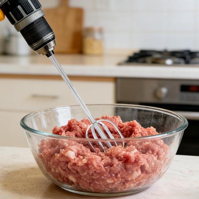Meat Grinder & Egg Beater Drill Attachment, 304 Stainless Steel Mixer Tool for Standard Electric Drills for Ground Meat Patties Dough Cream & Batters (Silver)