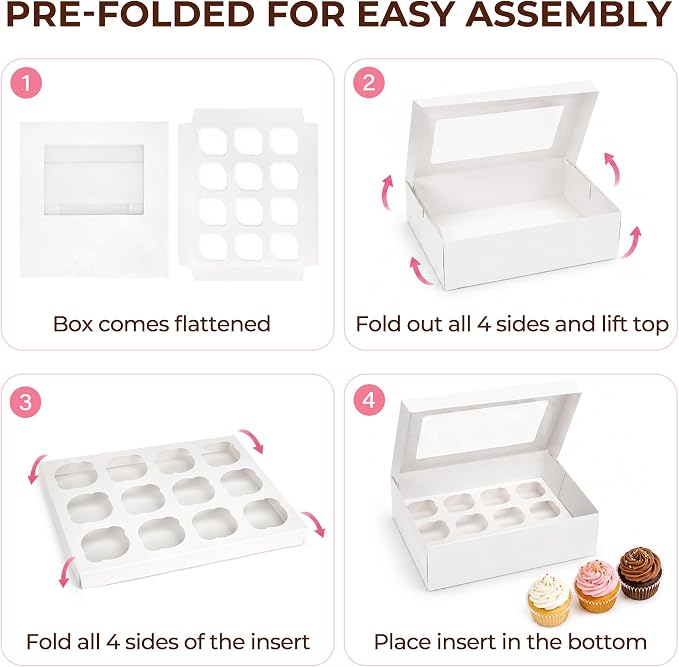 LotFancy 12 Pack Cupcake Boxes 12 Count, Holding 144 Cupcakes, White | Pre-Folded, Disposable, BPA Free, With Windows and Inserts, Food Grade Cupcake Holders for Birthday Holiday Party Bakery