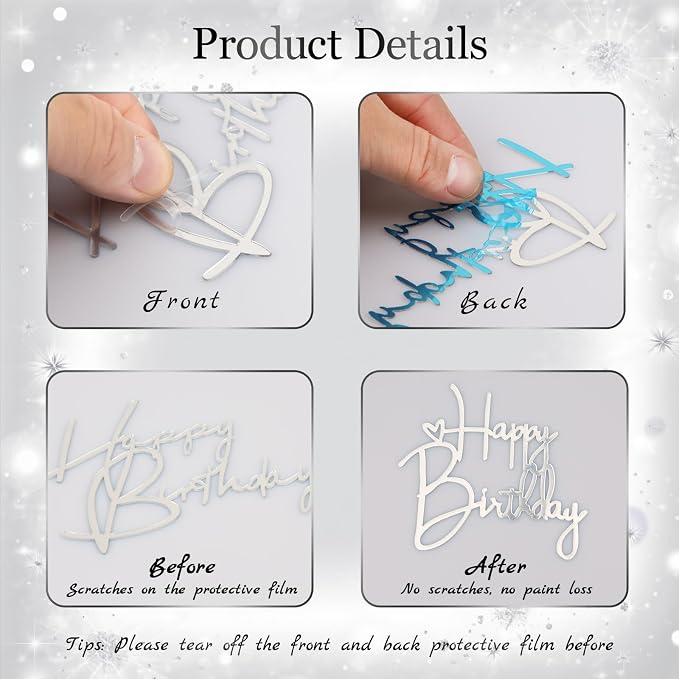 Wootkey 10 PCS Silver Happy Birthday Cake Topper Mirror Acrylic Cupcake Toppers Double-Sided Happy Birthday Sign for Cake Side Cupcake DIY Birthday Gift Flower Bouquet Decor
