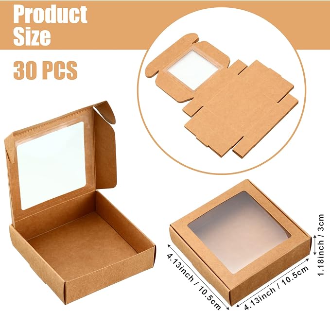 Zonon 30 Pcs Kraft Paper Boxes with Window 4.13 x 4.13 x 1.18 Inch Candy Packaging, Small Gift Boxes, Soap holder, Mini Treat Packaging for Bakery Chocolate Jewelry Display (Brown)