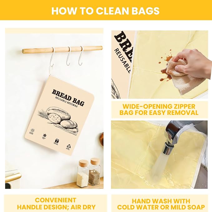 2 Pack Wide Zipper Access Beeswax Bread Bags for Sourdough Bread, Reusable Organic Linen Beeswax Bread Bag for Homemade Sourdough for Homemade Bag to Keep Fresh Longer (Beige-1)"