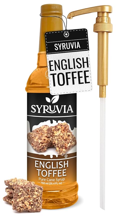 Syruvia Coffee Syrup, English Toffee Flavored Syrup for Drinks, Lattes, and Desserts – 25.4 fl oz - with Pump