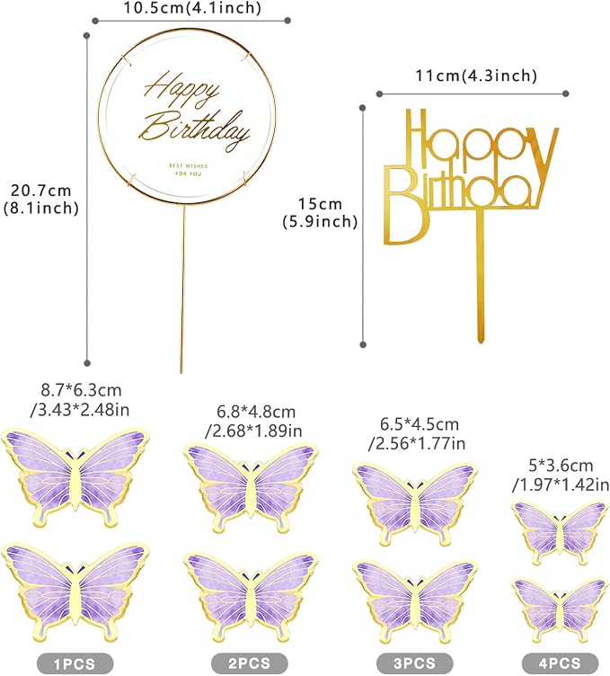 22-Pieces Butterfly Cake Decorations With Happy Birthday Acrylic Cake Toppers for Baby Shower Wedding Birthday Party Decor (Purple)