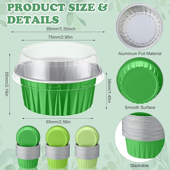 Gejoy 400 Pcs Aluminum Foil Baking Cups with Lids 5 oz Disposable Ramekins Mini Cake Pans Creme Brulee Cupcake Liners Muffin Dessert Container for Wedding Birthday Party (Classic,Mixed Green)