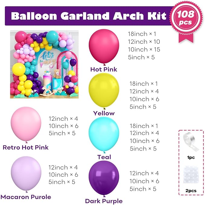 Pink Blue Purple Balloons Arch Kit, 108 Pcs Rainbow Magic Balloons Garland with Hot Pink Teal Balloon Blue Purple Yellow Latex Balloons for Kids Theme Baby Shower Birthday Wedding Party Decoration