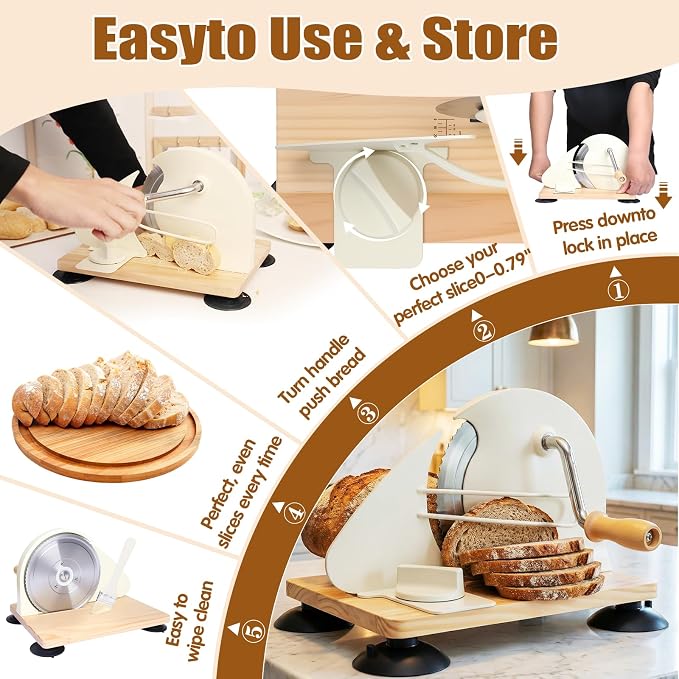 Manual Bread Slicer for Homemade Sourdough Bread, Adjustable Thickness & Evenly Slicing, Hand Crank Bread Slicer with Scale Line and Suction Cup, Serrated Blade Design, Patent White