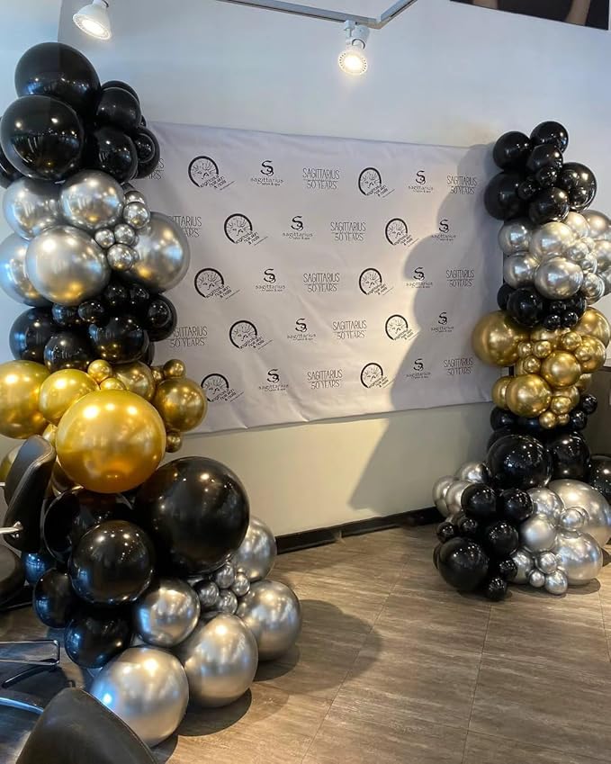 Black Gold and Silver Balloon Arch Kit, 142Pcs Metallic Chrome Balloons and Stars Balloon Garland kit, Different Size Balloons Kit for New Year Men Birthday 2026 Graduation Party Decorations
