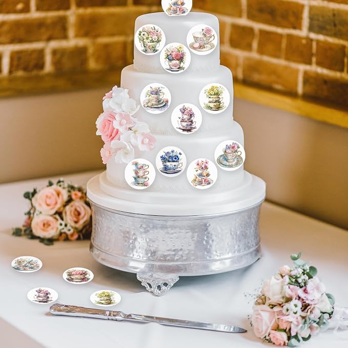 48PCS Edible Spring Floral Tea Cupcake Toppers Wafer Paper Vintage Teapot Vase Cake Picks Edible Floral Teapot Cupcake Toppers for Spring Teacups Princess Theme Cake Decor Supplies