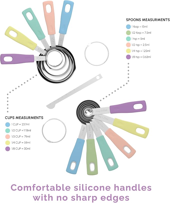 CuttleLab Measuring Cups and Measuring Spoons Set of 14 - Stainless Steel Measuring Cups and Spoons Set, Includes 1/8 Teaspoon Measuring Spoon, 1/8 Cup Measuring Cup, Leveler Dry (14,Cotton Candy)
