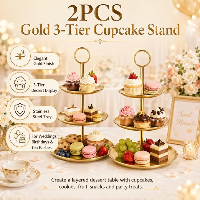 YOUNTHYE 2PCS Gold Cupcake Stand, 3 Tiered Stainless Steel Dessert Stand, Gold Cake Stand Display Trays for Wedding, Birthday, Tea Party, Holiday Dessert Table Decorations