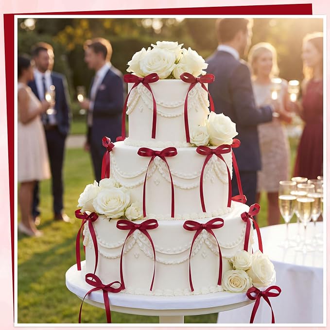 30 Pack Bow Cake Toppers Wine Red Ribbon Bows for Cake Burgundy Bow Cupcake Toppers Back to School Decorations Bow Birthday Decorations for Wedding, Baby Shower, Bachelorette Party, Bridal Shower